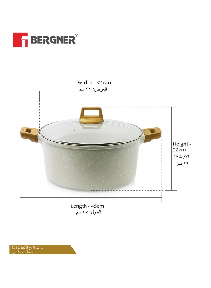 بيرجنر Bergner 32cm (9L) Cast Aluminum Casserole Dish with Glass Lid & Trivet, Non-Stick Marble Coating, Less Oil Use Healthy Cooking, Even Heating, Scratch Resistant, Induction & Gas Stove Compatible
